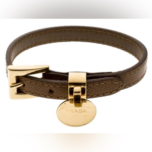 PRADA Buckle Closure Saffiano Leather Bracelet Gold Tone Medium Size - Picture 5 of 9